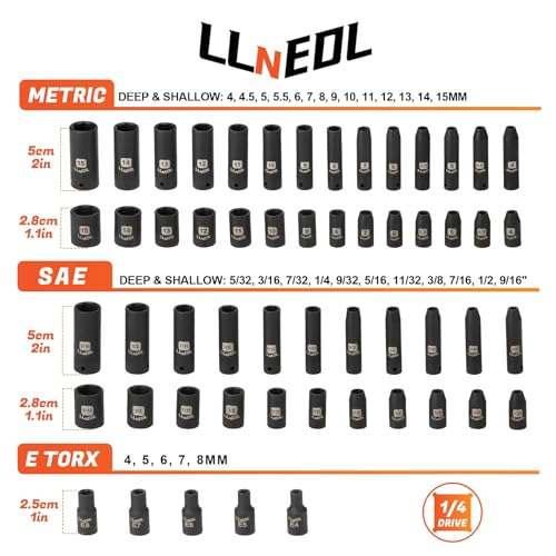 LLNEDL 1/4 Inch Drive Impact Socket Set, 83Pcs Socket Wrench Set Metric & SAE from 4-15mm, 5/32-9/16", 6 Point CR-V Deep & Shallow Sockets Kit with 72T Ratchet Handle, E Torx, for Automotive & Home - Image 2