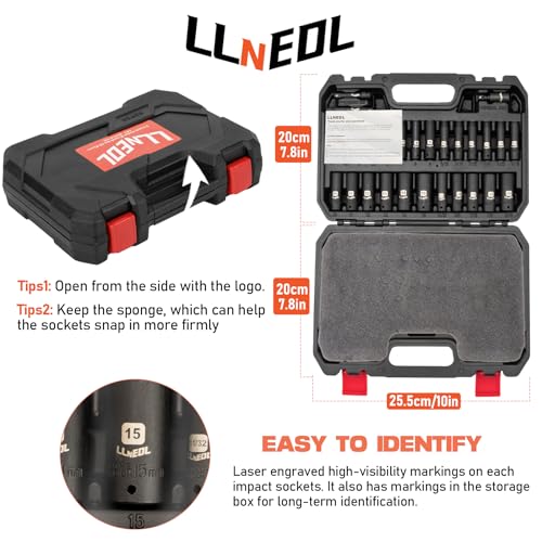 LLNEDL 1/4 Inch Drive Impact Socket Set, 83Pcs Socket Wrench Set Metric & SAE from 4-15mm, 5/32-9/16", 6 Point CR-V Deep & Shallow Sockets Kit with 72T Ratchet Handle, E Torx, for Automotive & Home - Image 5