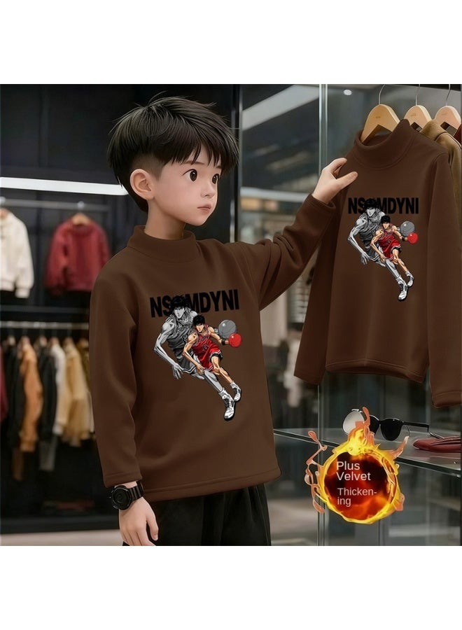 Boys And Girls' Thick Half High Neck Velvet Bottom Shirt, Autumn And Winter New Warm Baby Long Sleeve T-shirt - Image 1