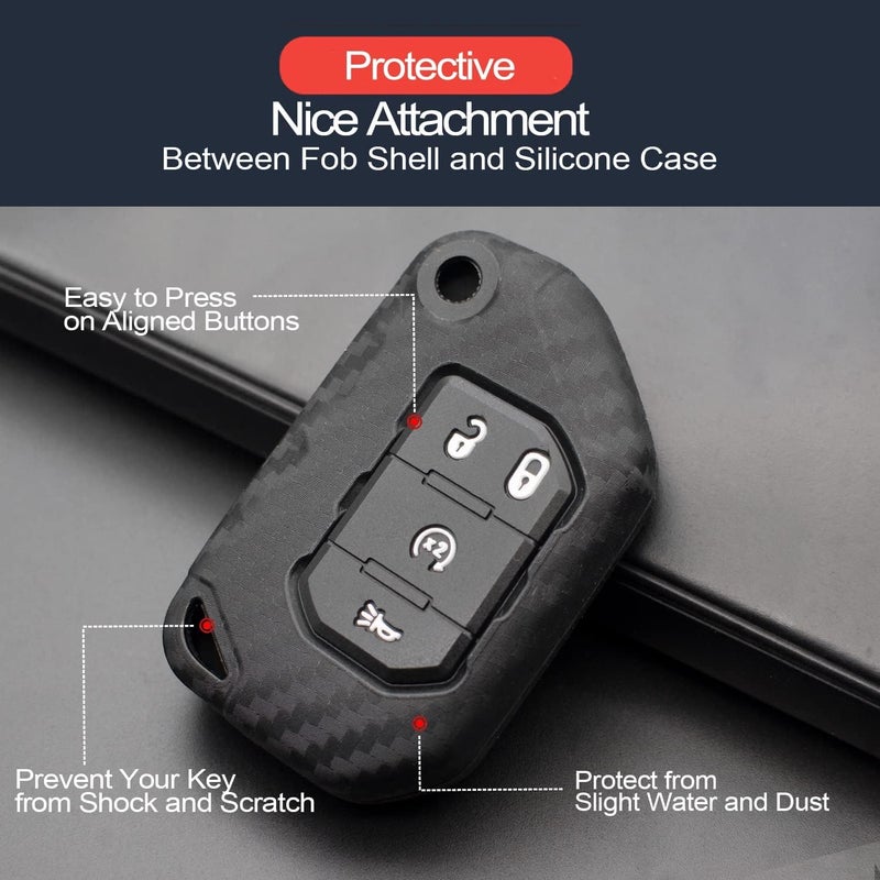 INFIPAR 2pcs Silicone Key Fob Cover for Jeep Wrangler JL Gladiator JT - Carbon Fiber Look - Image 4