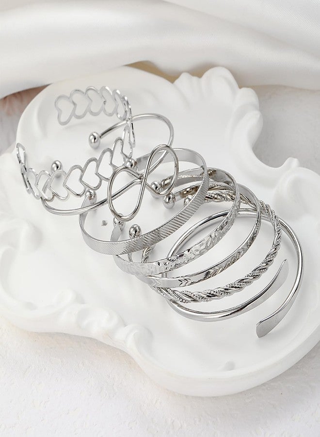 17IF 7 Pcs Silver Bangle Bracelet For Women, 14k Multilayer Charm Textured Stackable Bracelets Heart Indian Chunky Cuff Fashion Jewelry Gift - Image 4