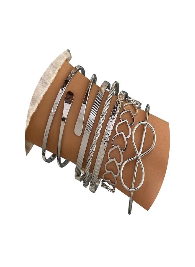 17IF 7 Pcs Silver Bangle Bracelet For Women, 14k Multilayer Charm Textured Stackable Bracelets Heart Indian Chunky Cuff Fashion Jewelry Gift - Image 1