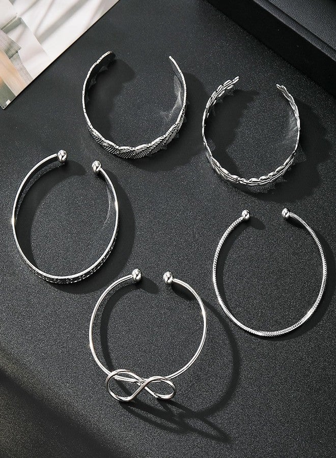 17IF 7 Pcs Silver Bangle Bracelet For Women, 14k Multilayer Charm Textured Stackable Bracelets Heart Indian Chunky Cuff Fashion Jewelry Gift - Image 5