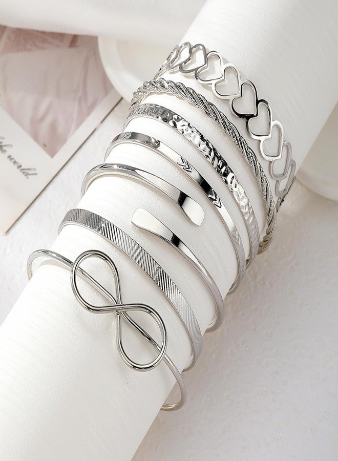 17IF 7 Pcs Silver Bangle Bracelet For Women, 14k Multilayer Charm Textured Stackable Bracelets Heart Indian Chunky Cuff Fashion Jewelry Gift - Image 3