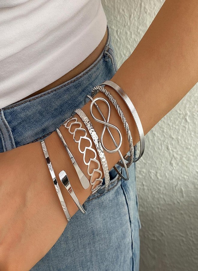 17IF 7 Pcs Silver Bangle Bracelet For Women, 14k Multilayer Charm Textured Stackable Bracelets Heart Indian Chunky Cuff Fashion Jewelry Gift - Image 2