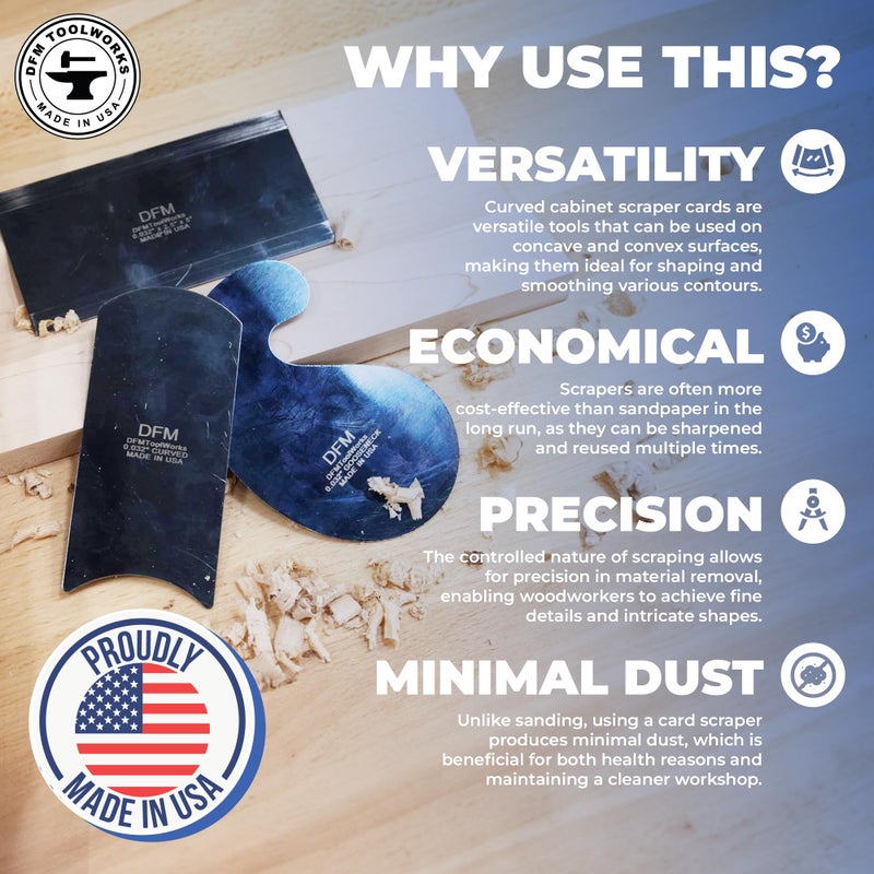 DFM Tool Works Blue Curved Cabinet Scraper Cards - Cabinet Scraper for Woodworking, Card Scraper Tool for Precision and Fine Finishes - Ideal Tool for Woodworking Projects - Made in USA (Set of 3) - Image 3