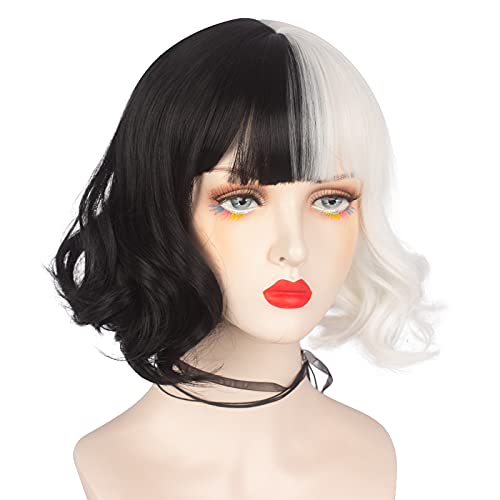 Askuang Short Curly Black and White Wig for Women Half Black Half White Wig for Costume Cosplay Heat Resistant Synthetic Half Color Wigs for Party Cosplay Halloween - Image 2