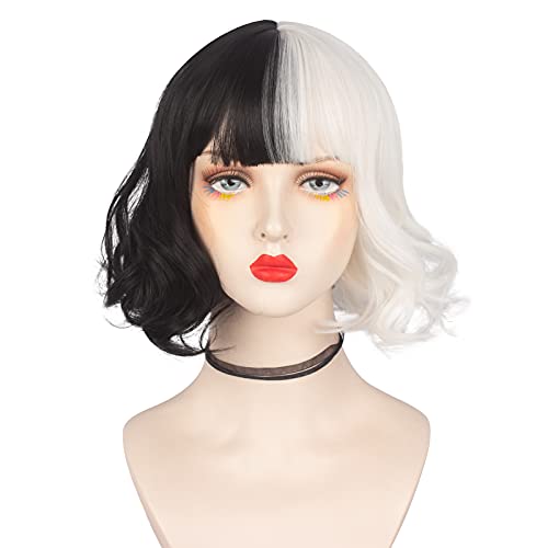 Askuang Short Curly Black and White Wig for Women Half Black Half White Wig for Costume Cosplay Heat Resistant Synthetic Half Color Wigs for Party Cosplay Halloween - Image 1
