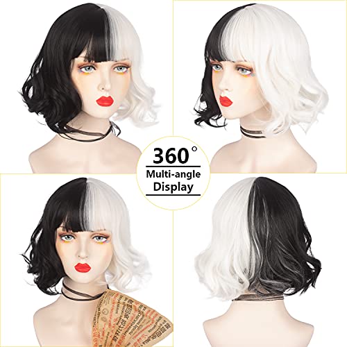Askuang Short Curly Black and White Wig for Women Half Black Half White Wig for Costume Cosplay Heat Resistant Synthetic Half Color Wigs for Party Cosplay Halloween - Image 3