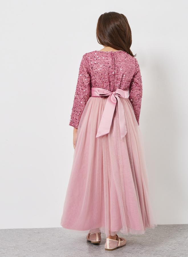 تايك تو فستان طويل للبنات مزين بفيونكة وترتر - Image 4