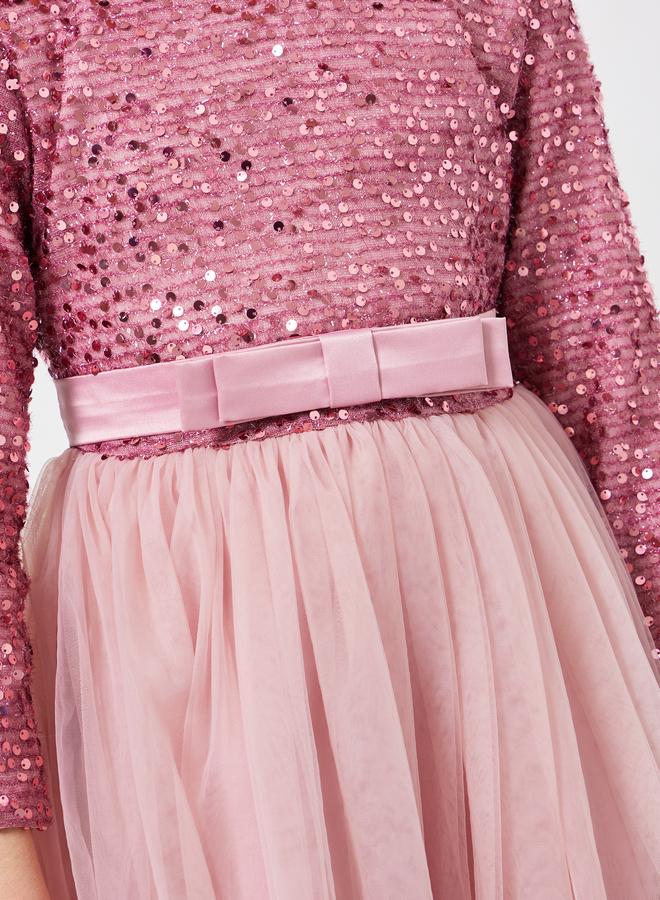 تايك تو فستان طويل للبنات مزين بفيونكة وترتر - Image 3