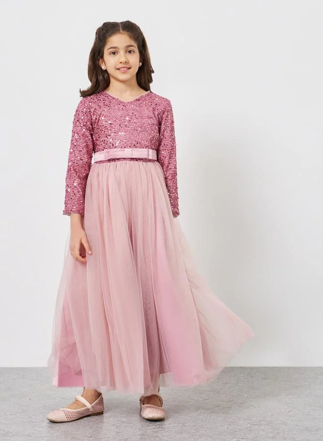 Take Two Girls Embellished Sequined Bow Maxi Dress