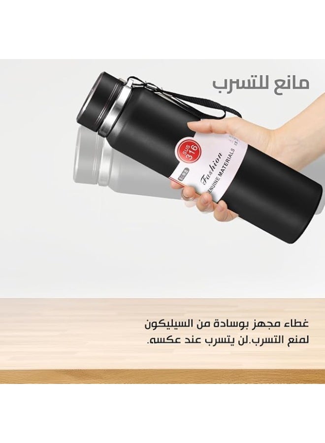 زجاجة مياه حرارية ترمس حراري مزدوجة العزل من فولاذ مقاوم الصدأ سعة 800 ملليلتر مشروبات بارد ومشروبات ساخنة ترمس حراري رياضي مانع للتسرب اسود - Image 3