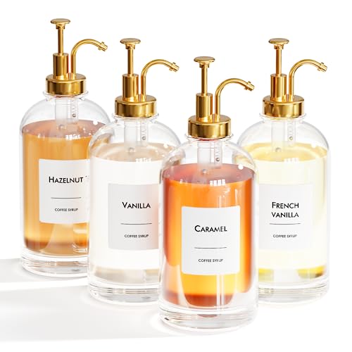 New England Stories طقم موزع شراب القهوة 169 أونصة 500 مل مع 4 زجاجات زجاجية ومضخة ذهبية وملصقات شراب