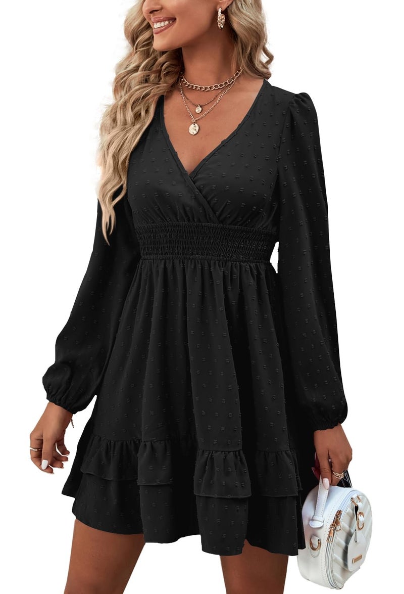 Rooscier Women's Wrap V Neck Swiss Dots Swing Ruffle Long Sleeve Mini Dress Plain Black Medium - Image 1