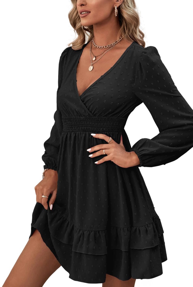 Rooscier Women's Wrap V Neck Swiss Dots Swing Ruffle Long Sleeve Mini Dress Plain Black Medium - Image 4