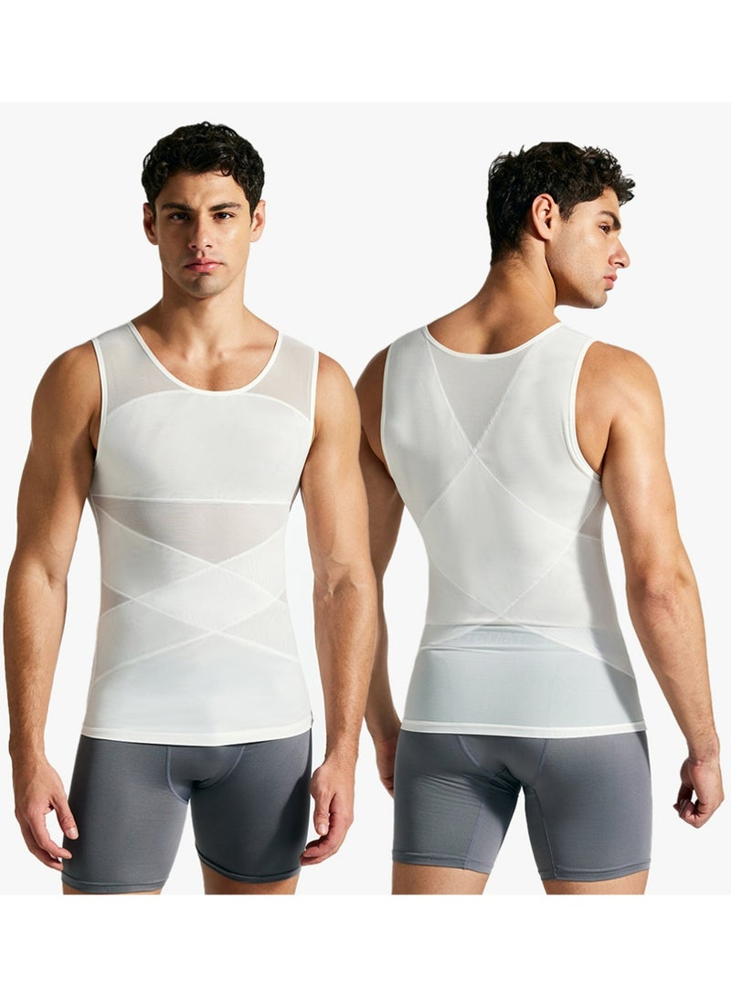 يوجي قميص الضغط للرجال التخسيس Undershirt جسم Shaper دبابة أعلى أكمام Shapewear سترة الرجال الأبيض L - Image 1