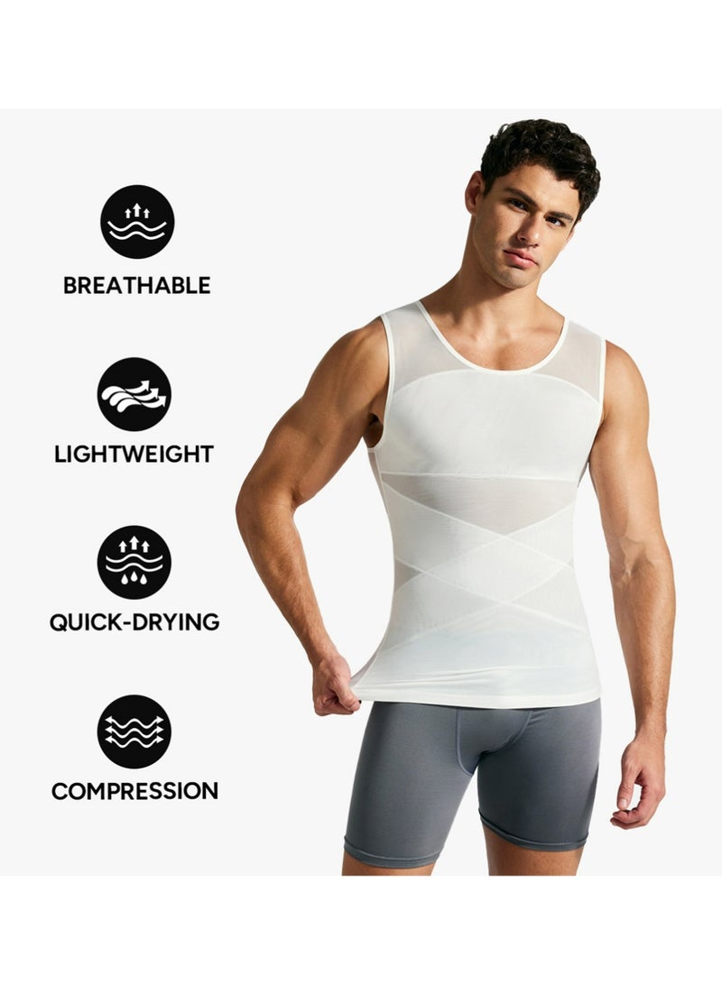 يوجي قميص الضغط للرجال التخسيس Undershirt جسم Shaper دبابة أعلى أكمام Shapewear سترة الرجال الأبيض L - Image 2
