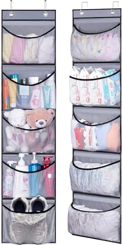 KEETDY Hanging Shelves Over the Door Organizer Storage for Closet with 5 Pockets Organizer for Bedroom Bathroom, 2 Pack（Grey） - Image 1