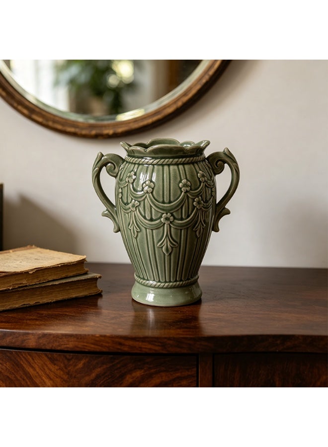 This vintage-style ceramic vase with embossed double handles is luxurious and exquisite, making it an ideal decorative piece for the living room and dining table. - Image 1