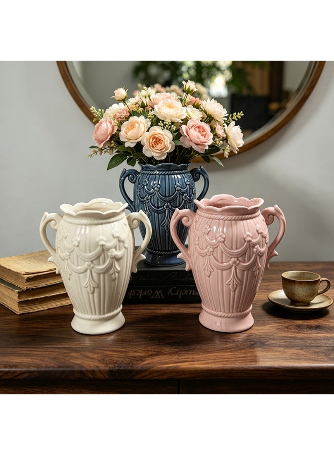 This vintage-style ceramic vase with embossed double handles is luxurious and exquisite, making it an ideal decorative piece for the living room and dining table. - Image 4