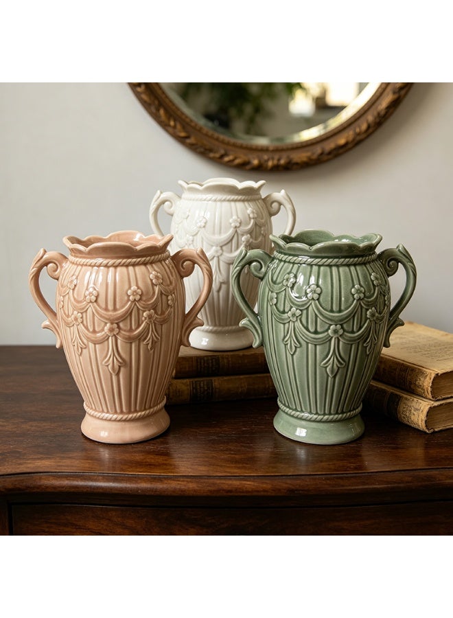 This vintage-style ceramic vase with embossed double handles is luxurious and exquisite, making it an ideal decorative piece for the living room and dining table. - Image 2