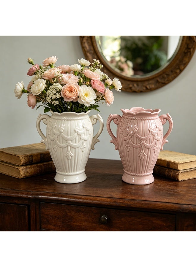 This vintage-style ceramic vase with embossed double handles is luxurious and exquisite, making it an ideal decorative piece for the living room and dining table. - Image 5