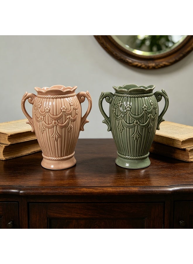 This vintage-style ceramic vase with embossed double handles is luxurious and exquisite, making it an ideal decorative piece for the living room and dining table. - Image 3
