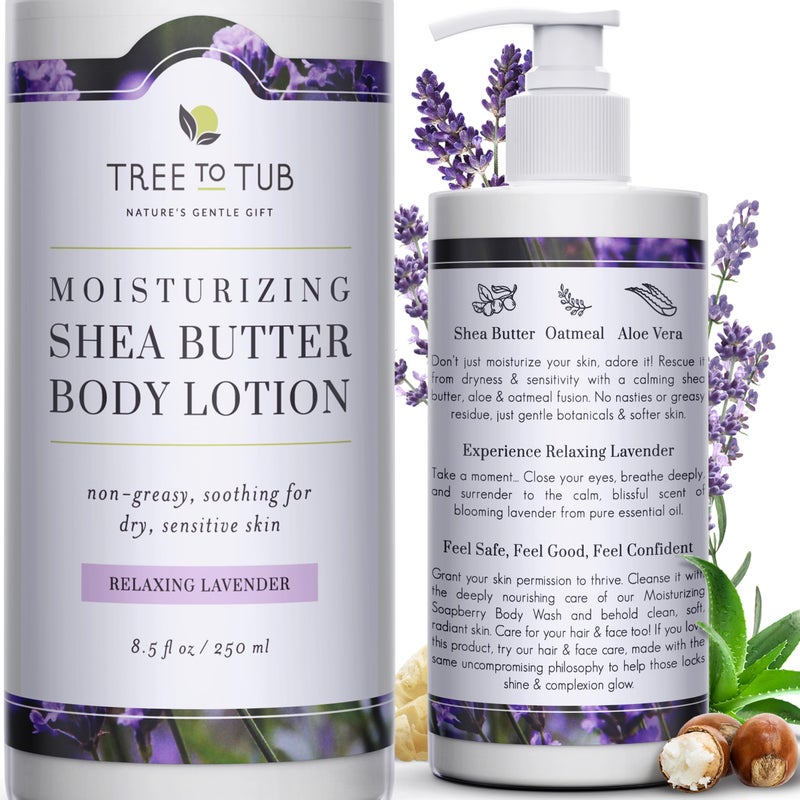 Tree to Tub Lavender Shea Butter Body Lotion for Dry Skin - Moisturizing Sensitive Skin Lotion for Women & Men, Vegan Body Moisturizer w/Organic Aloe Vera, Cocoa Butter, All Natural Colloidal Oatmeal - Image 1