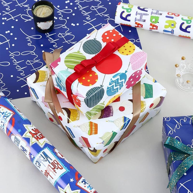 KASTWAVE Gift Wrapping Paper, Birthday Wrapping Paper for Kids, Gift Wrap Set for Birthday, Bridal Baby Shower, Weddings, Graduations, Women, Men, Boy, Girl, All Occasion (Blue) - Image 2