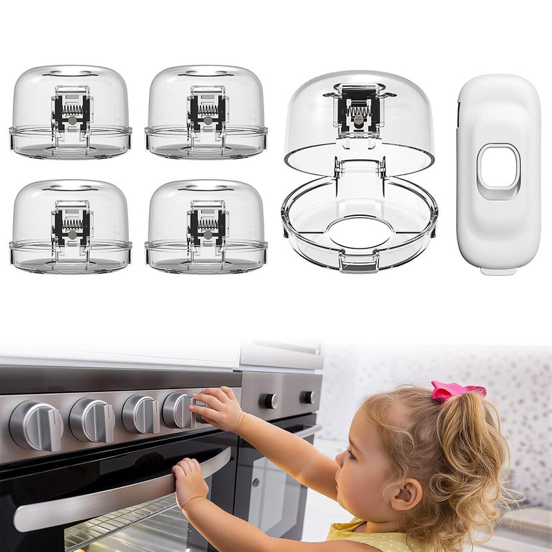BBsecure Stove Knob Covers - 5+1 Pack Heat Resistant Gas Stove Knob Covers with Child Proof Lock & Strong Adhesive, Oil-Proof Oven Knob Covers with Clear Transparent Design, White - Image 1