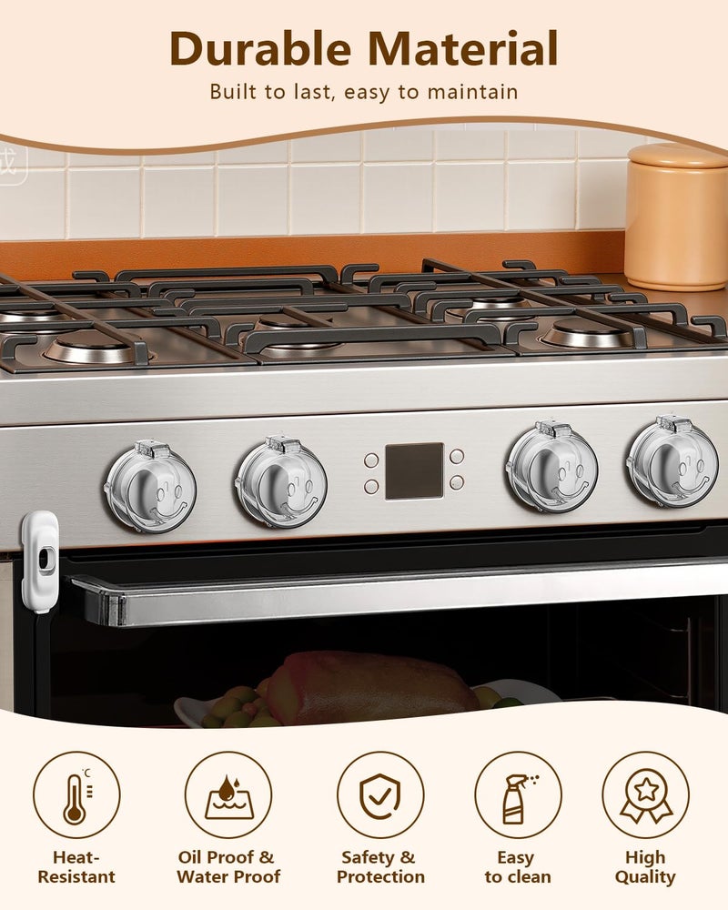 BBsecure Stove Knob Covers - 5+1 Pack Heat Resistant Gas Stove Knob Covers with Child Proof Lock & Strong Adhesive, Oil-Proof Oven Knob Covers with Clear Transparent Design, White - Image 4