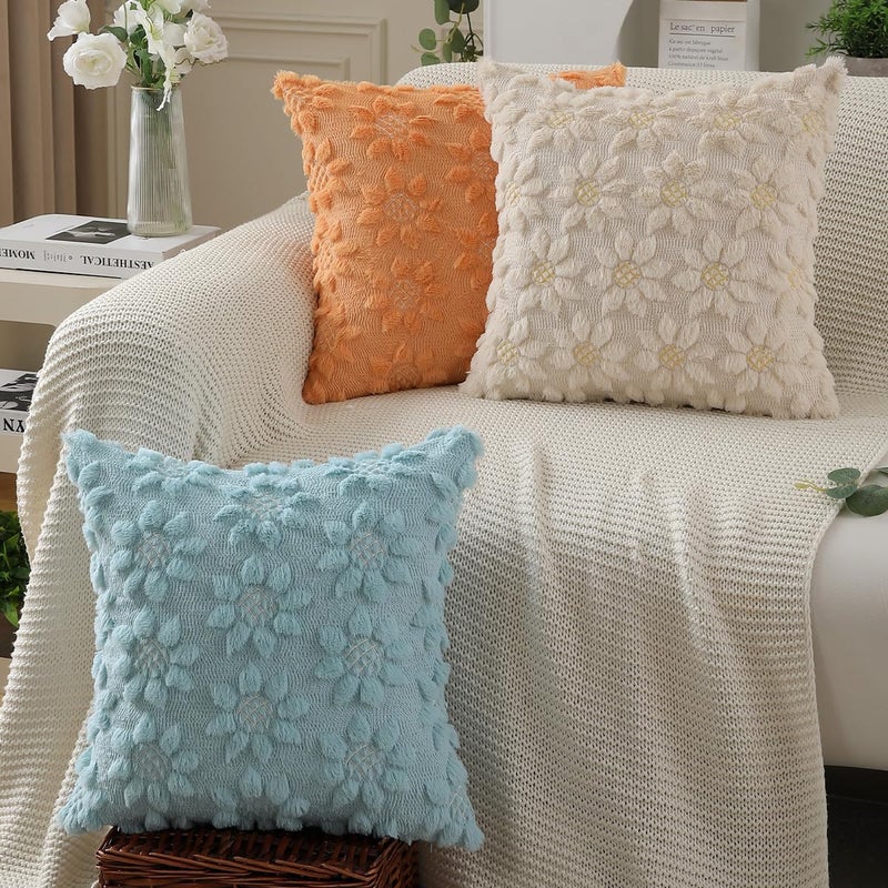 DFXSZ Spring Summer Pillow Covers 18x18 inch Set of 2 Farmhouse Decor Yellow Flower Heart Sunflower Beige Soft Plush Faux Fur Jacquard Throw Pillows for Sofa Holiday Spring Home Decor PTK024E18 - Image 5