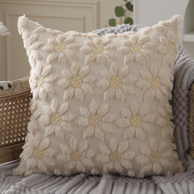 DFXSZ Spring Summer Pillow Covers 18x18 inch Set of 2 Farmhouse Decor Yellow Flower Heart Sunflower Beige Soft Plush Faux Fur Jacquard Throw Pillows for Sofa Holiday Spring Home Decor PTK024E18 - Image 3