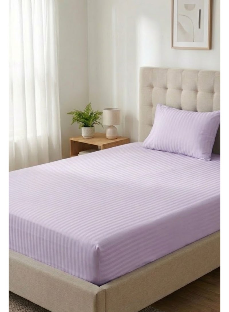 قطني طقم ملاءات سرير مفردة من قطعتين من المايكروفايبر - مخططة بلون الخزامى 90×190 سم مع مطاط كامل وغطاء وسادة واحد - Image 1