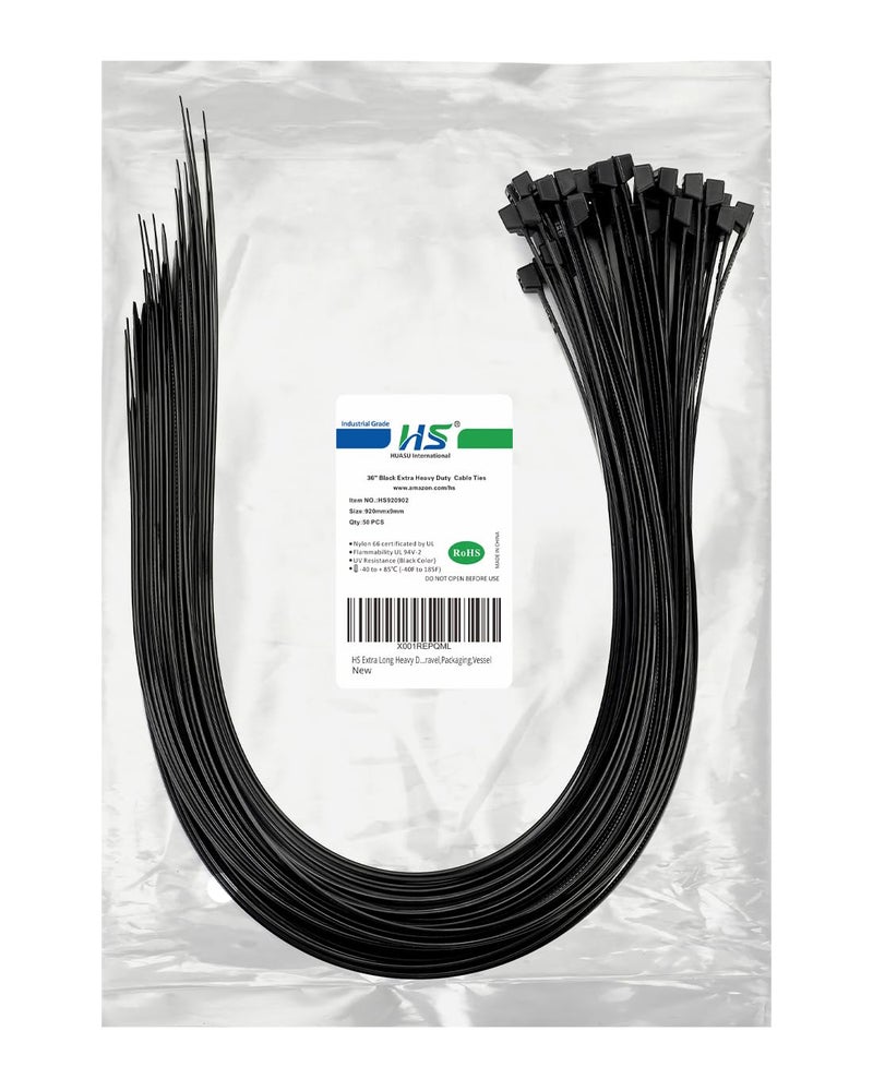 HS Extra Long Heavy Duty Zip Tie Straps (50 Pack) Thick 0.35 Inch Plastic Duct Zip Ties Heavy Duty 200 Pounds,Black Large Zip Ties 36 Inch for HVAC,Travel,Packaging,Vessel - Image 1