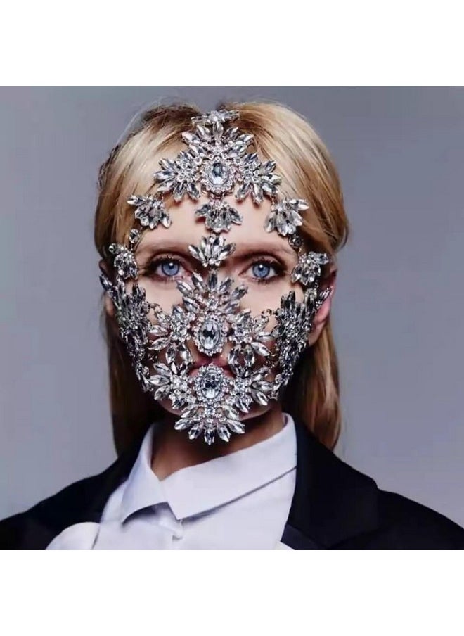 STONEFANS STONEFANS Rhinestone Masquerade Mask Full Face Jewelry for Women Mardi Gras Mask Crystal Face Chain Jewelry Veil Halloween Party (silver)  - Image 3