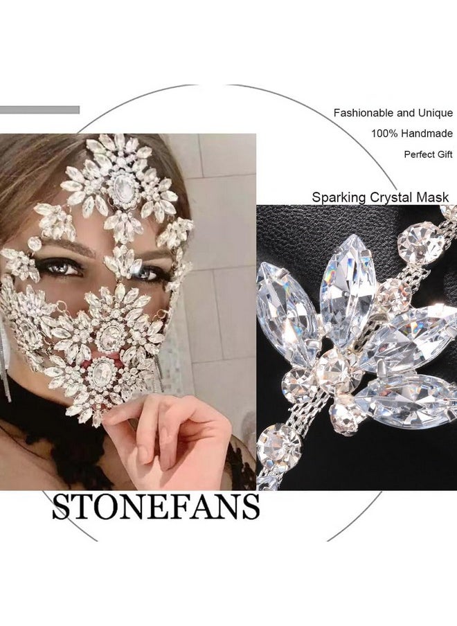 STONEFANS STONEFANS Rhinestone Masquerade Mask Full Face Jewelry for Women Mardi Gras Mask Crystal Face Chain Jewelry Veil Halloween Party (silver)  - Image 5