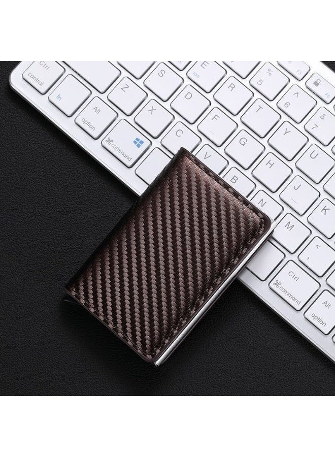 حامل بطاقات من ألياف الكربون مانع لتقنية تحديد الهوية بموجات الراديو - محفظة معدنية رفيعة تفتح تلقائيًا، حافظة بطاقات ائتمان مضادة للسرقة مزودة بحماية من تقنية تحديد الهوية بموجات الراديو وفتحات بطاقات مستقلة - Image 1