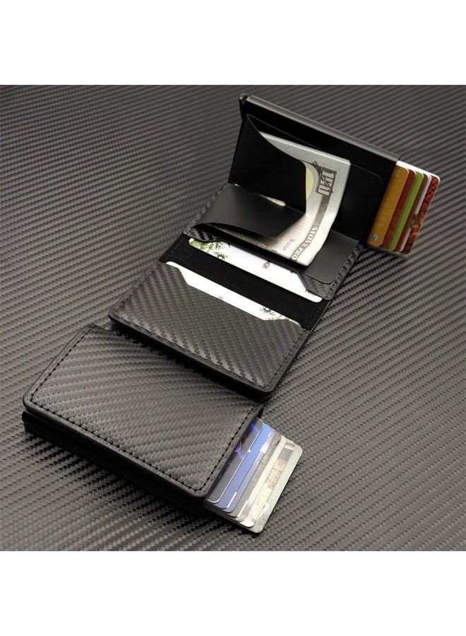 حامل بطاقات من ألياف الكربون مانع لتقنية تحديد الهوية بموجات الراديو - محفظة معدنية رفيعة تفتح تلقائيًا، حافظة بطاقات ائتمان مضادة للسرقة مزودة بحماية من تقنية تحديد الهوية بموجات الراديو وفتحات بطاقات مستقلة - Image 2