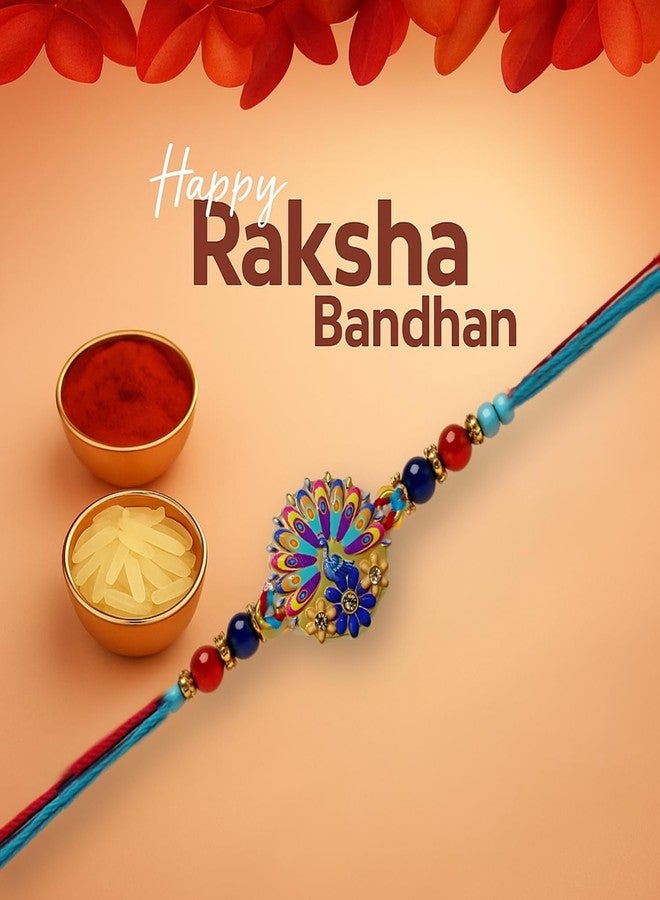 Sage Square Rakhi for Brother, Bhai with Roli Chawal | Raksha Bandhan | Designer Beads, Stones, Decorative Work | Stylish Handcrafted Rakhi Gifting for Sibling Festival Celebration (Type 16) - Image 2
