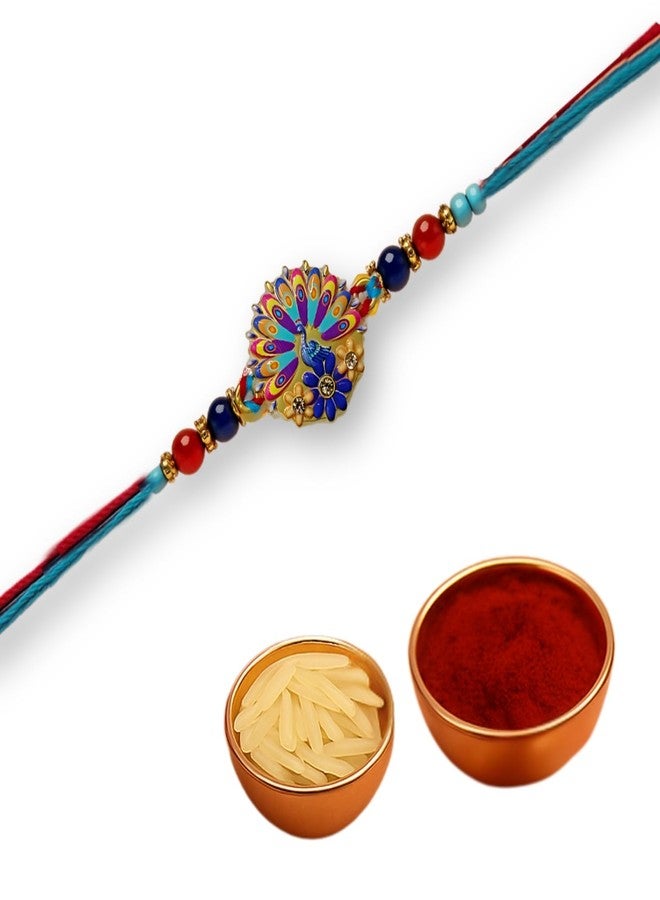 Sage Square Rakhi for Brother, Bhai with Roli Chawal | Raksha Bandhan | Designer Beads, Stones, Decorative Work | Stylish Handcrafted Rakhi Gifting for Sibling Festival Celebration (Type 16) - Image 1