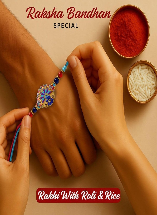 Sage Square Rakhi for Brother, Bhai with Roli Chawal | Raksha Bandhan | Designer Beads, Stones, Decorative Work | Stylish Handcrafted Rakhi Gifting for Sibling Festival Celebration (Type 16) - Image 3