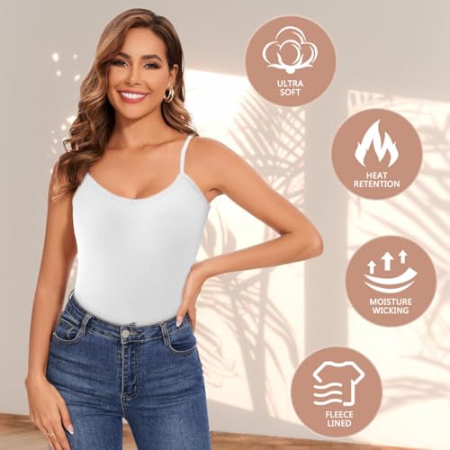 PALAY® Thermal Wear for Women Set V Neck Fleece Lined Thermal Top Winter Inner Wear Slim Fit Cotton Warmer Underwear Tops Camisole Thermals Comfy Stretchy Base Layer Vest Thermal for Women - White - Image 5