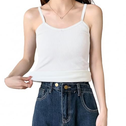 PALAY® Thermal Wear for Women Set V Neck Fleece Lined Thermal Top Winter Inner Wear Slim Fit Cotton Warmer Underwear Tops Camisole Thermals Comfy Stretchy Base Layer Vest Thermal for Women - White - Image 1
