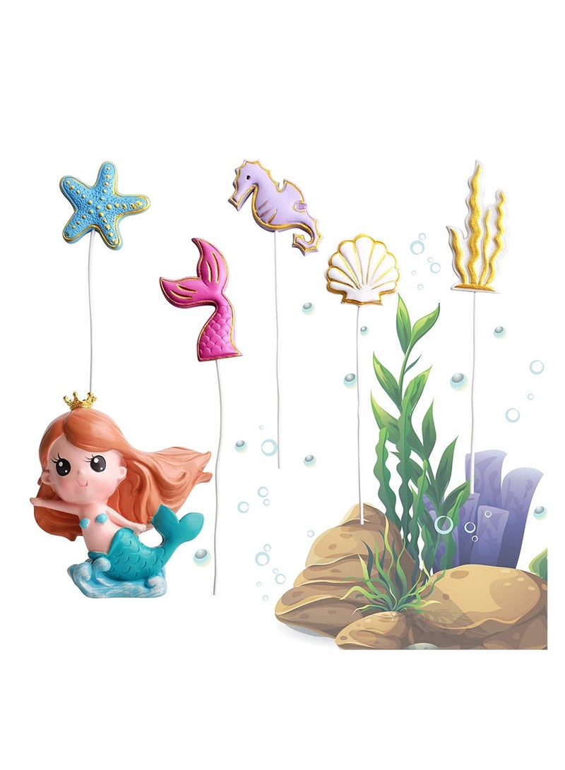 6 Pack Resin 3D Mermaid Inspired Cake Topper Figurine with 2D Starfish Seaweed Seahorse Shell Mermaid Tail Cupcake Toppers Picks Kids Birthday Party Wedding Cake Decorations Supplies - Image 2