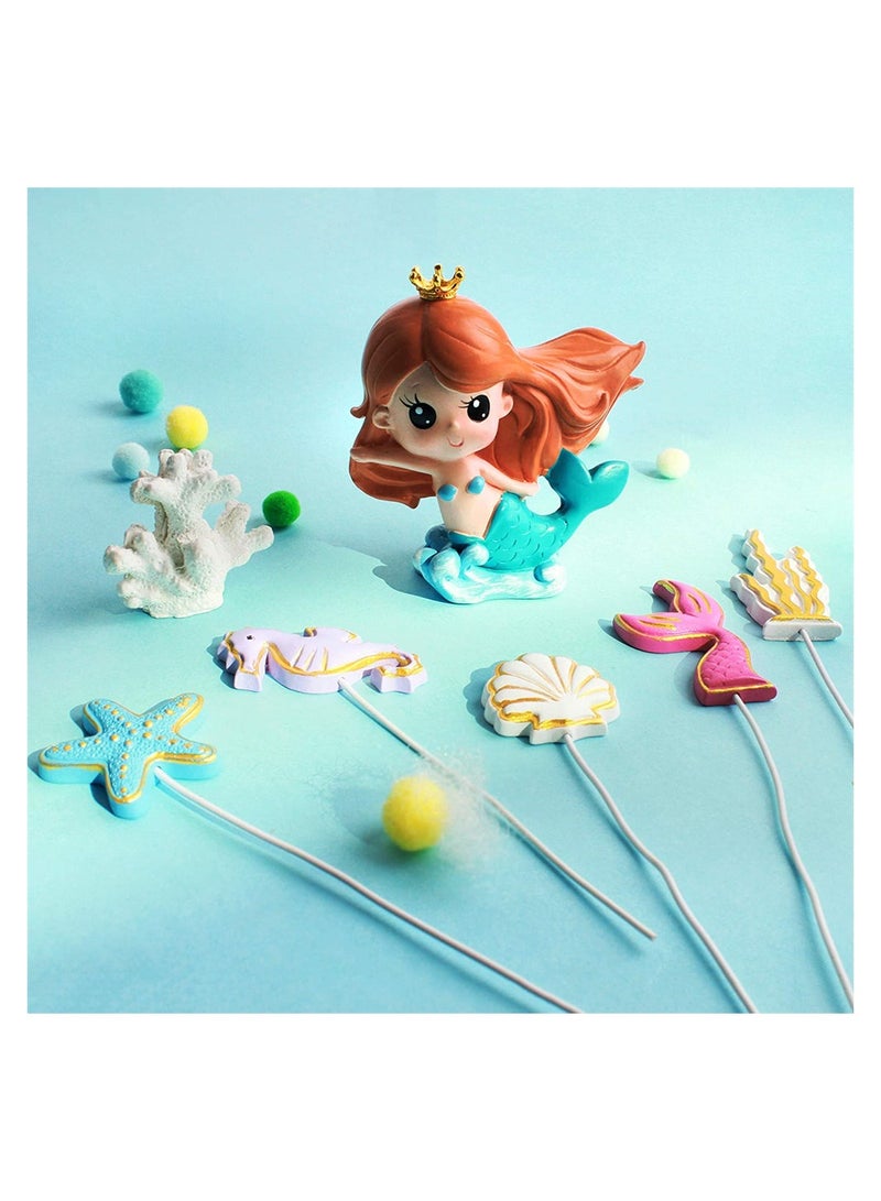 6 Pack Resin 3D Mermaid Inspired Cake Topper Figurine with 2D Starfish Seaweed Seahorse Shell Mermaid Tail Cupcake Toppers Picks Kids Birthday Party Wedding Cake Decorations Supplies - Image 3