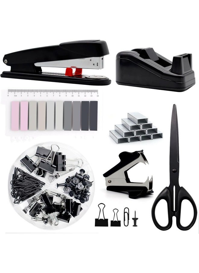 Hihonor Office Supplies, Desk Accessories,Stapler and Tape Dispenser Set with Large Stapler, Tape Dispenser, Staple Remover, Staples, Clips, Scissor and Tabs, Gifts for Office Clerks (Black)  - Image 1