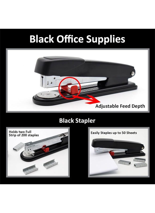 Hihonor Office Supplies, Desk Accessories,Stapler and Tape Dispenser Set with Large Stapler, Tape Dispenser, Staple Remover, Staples, Clips, Scissor and Tabs, Gifts for Office Clerks (Black)  - Image 2
