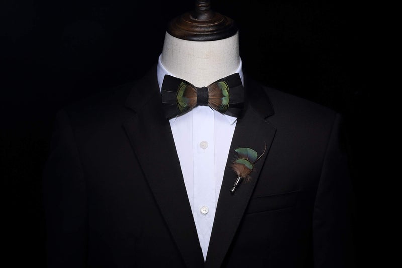 RBOCOTT Feather Pre-tied Bow tie Leather Bowtie and Brooch Sets for Men(8) - Image 4